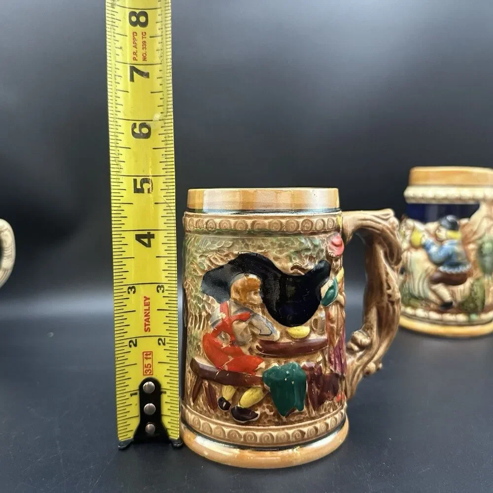 Vintage Mini Beer Steins Set of 3 Bavarian Tavern Monks Relief Ceramic Barware